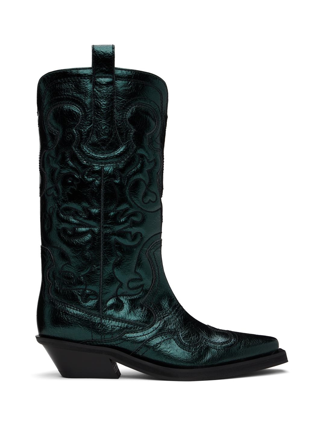 Green Metallic Mid Shaft Embroidered Western Boots - 1