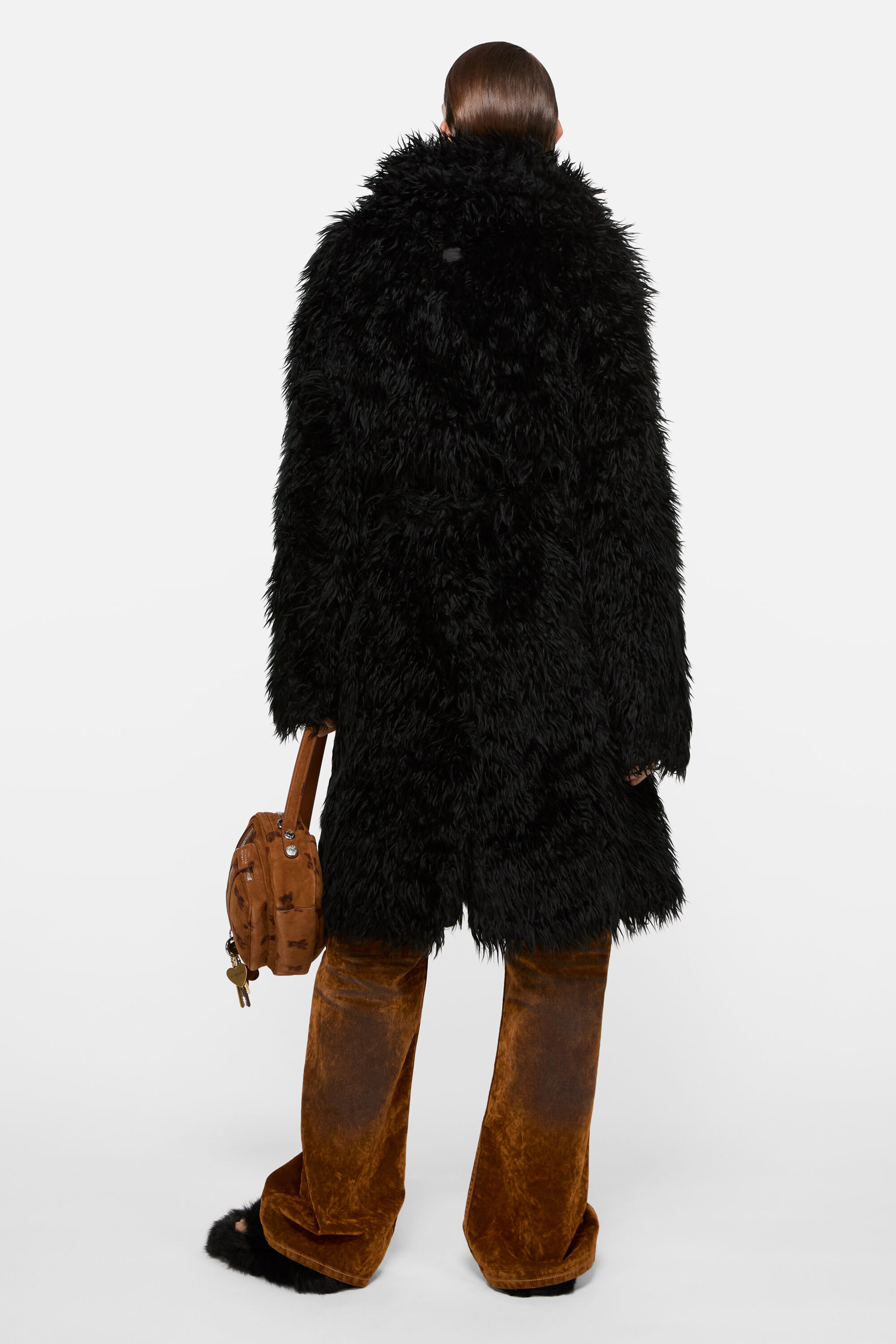 Faux fur belted coat - Black - 3