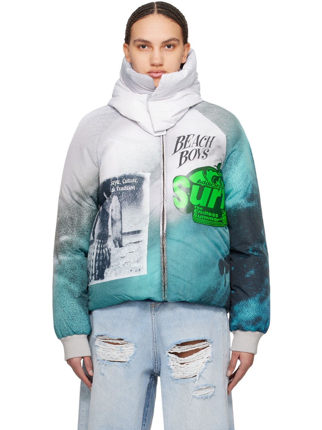 Blue & Gray Printed Puffer Jacket - 1