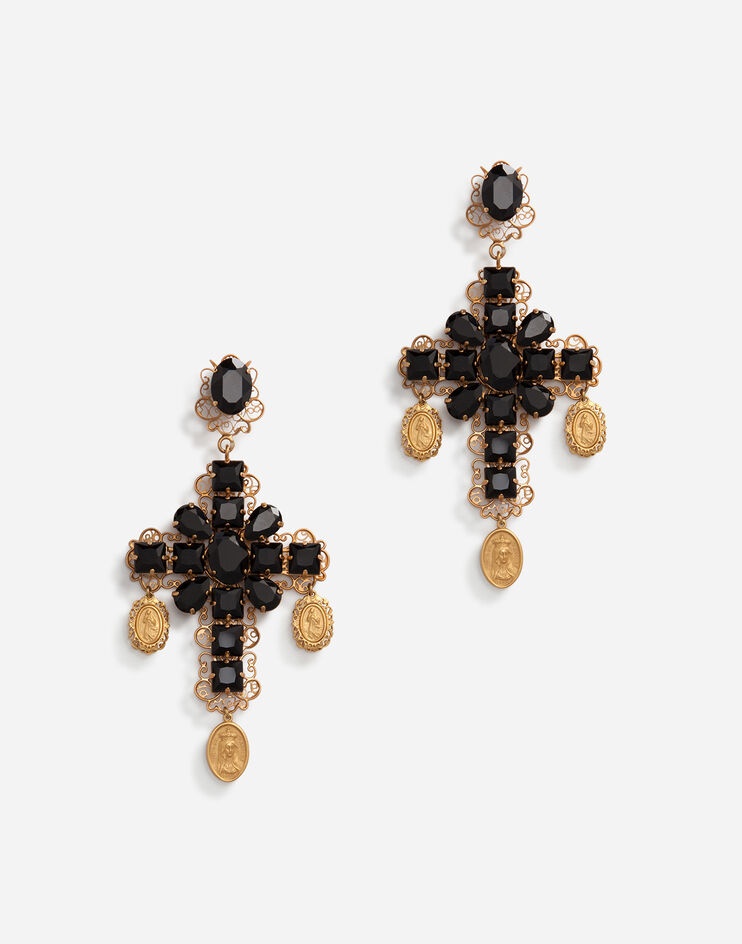 Clip-on drop earrings with crosses and medallions - 1