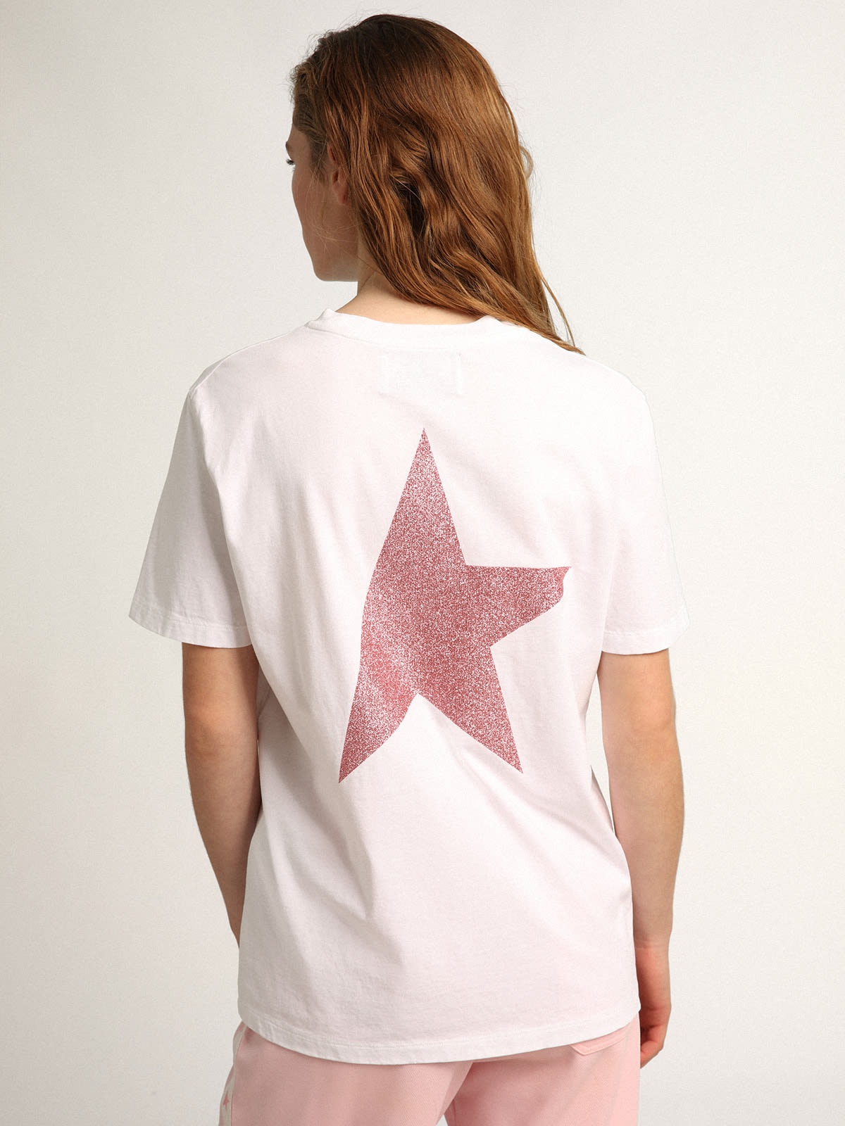Women's white T-shirt with pink glitter logo and star - 4