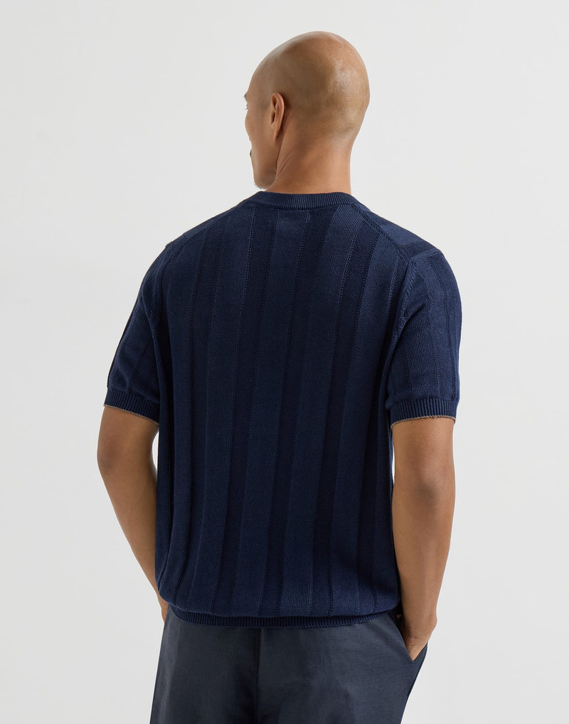 Linen and cotton textured rib knit T-shirt with Henley collar 3