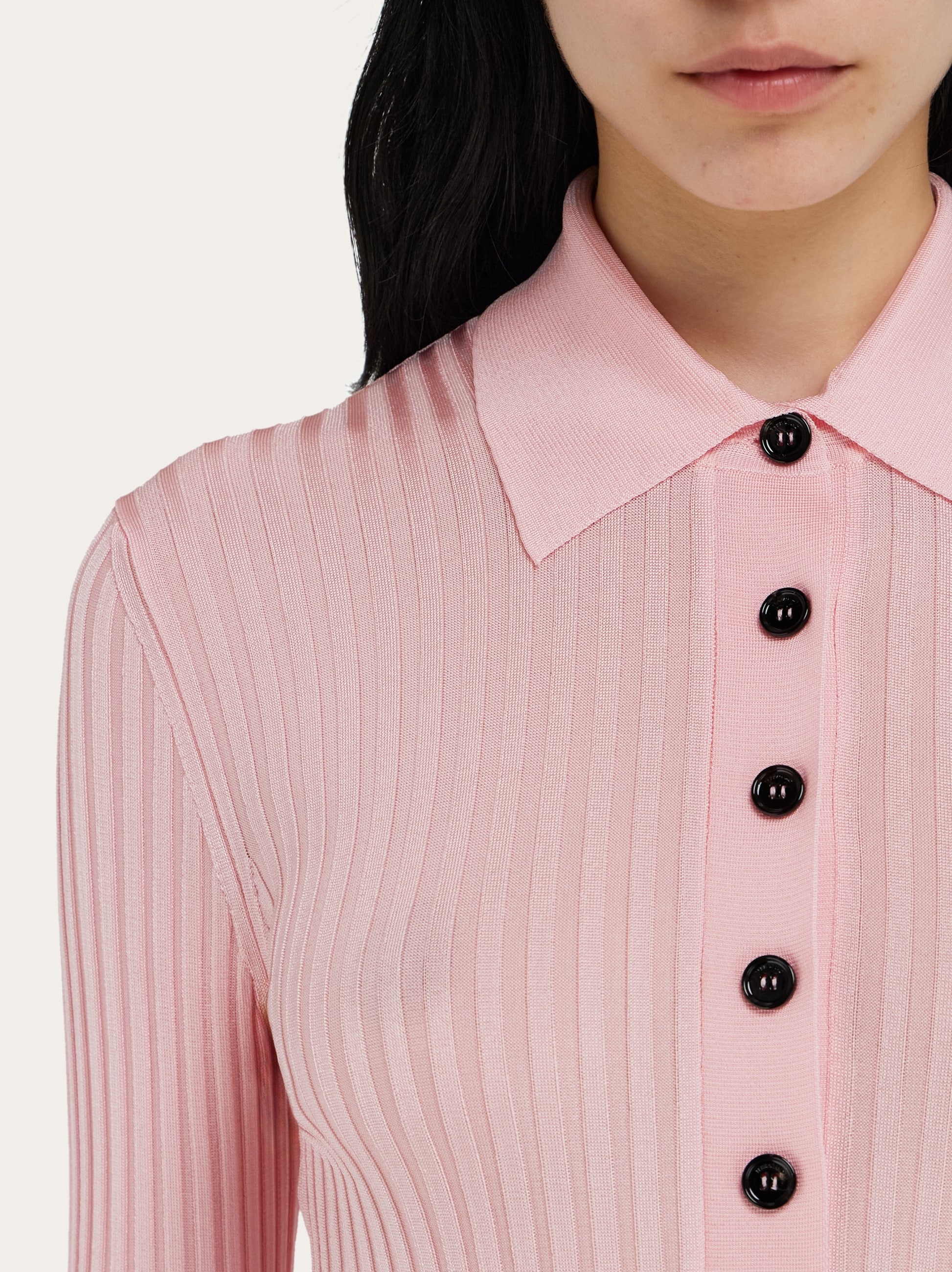 Long sleeved ribbed knit polo top - 5
