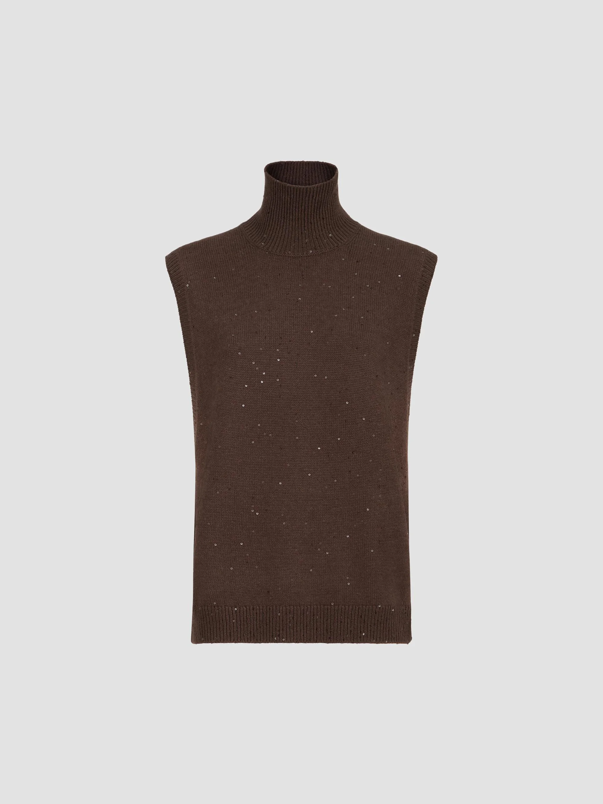 Women's Cashmere and Silk Diamond Yarn Turtleneck Sweater Vest - Brown - 1