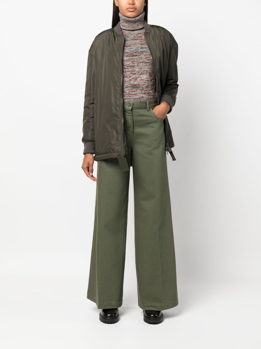 ribbed-trim flared bomber jacker - 2