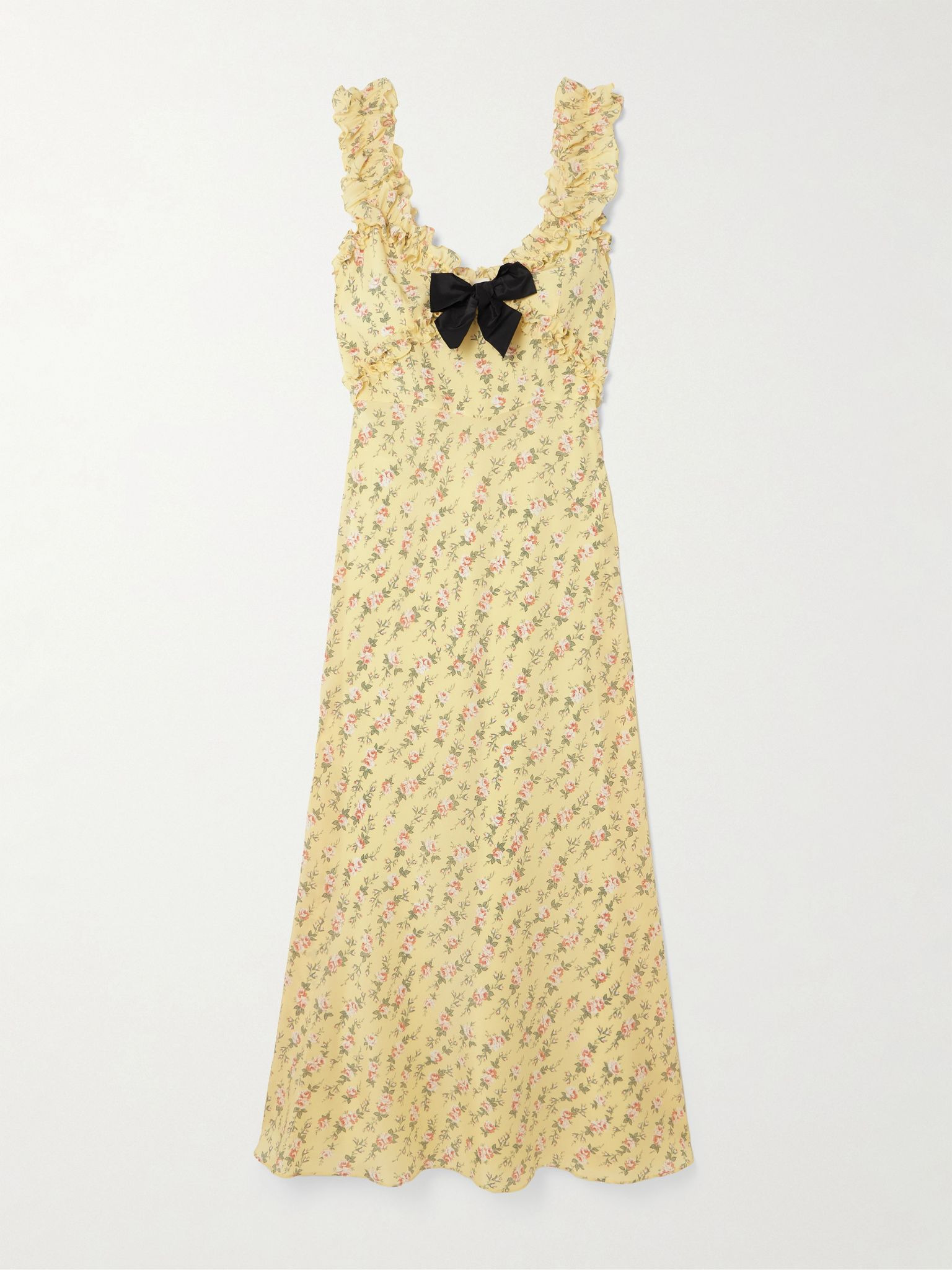 Bow-detailed ruffled floral-print silk crepe de chine midi dress Yellow - 1