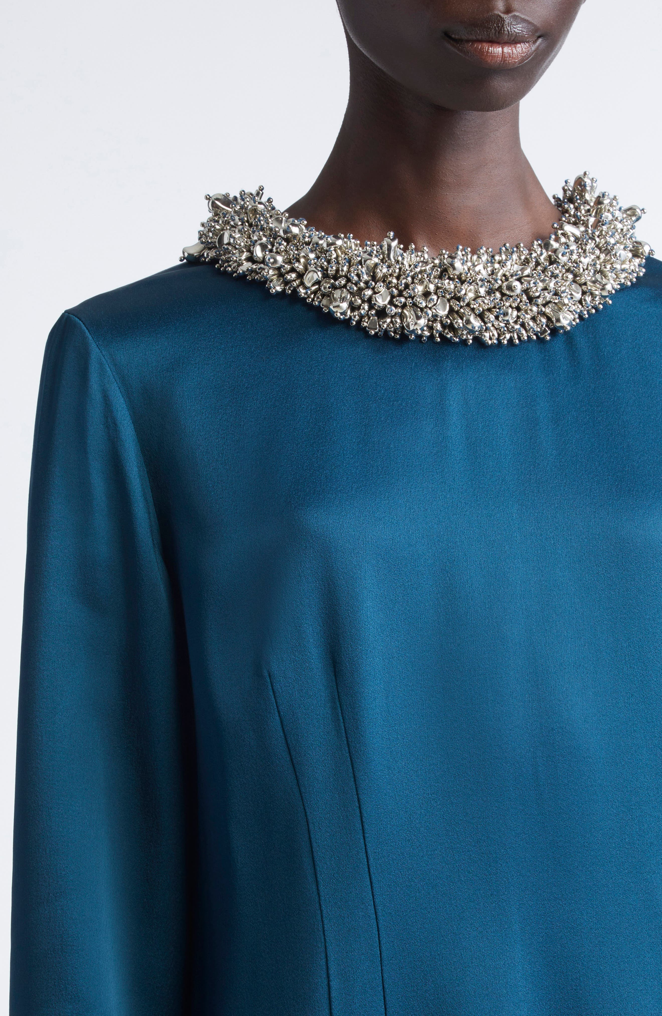 Dries Van Noten Danora Embellished Long Sleeve Satin Dress in Petrol at Nordstrom - 4