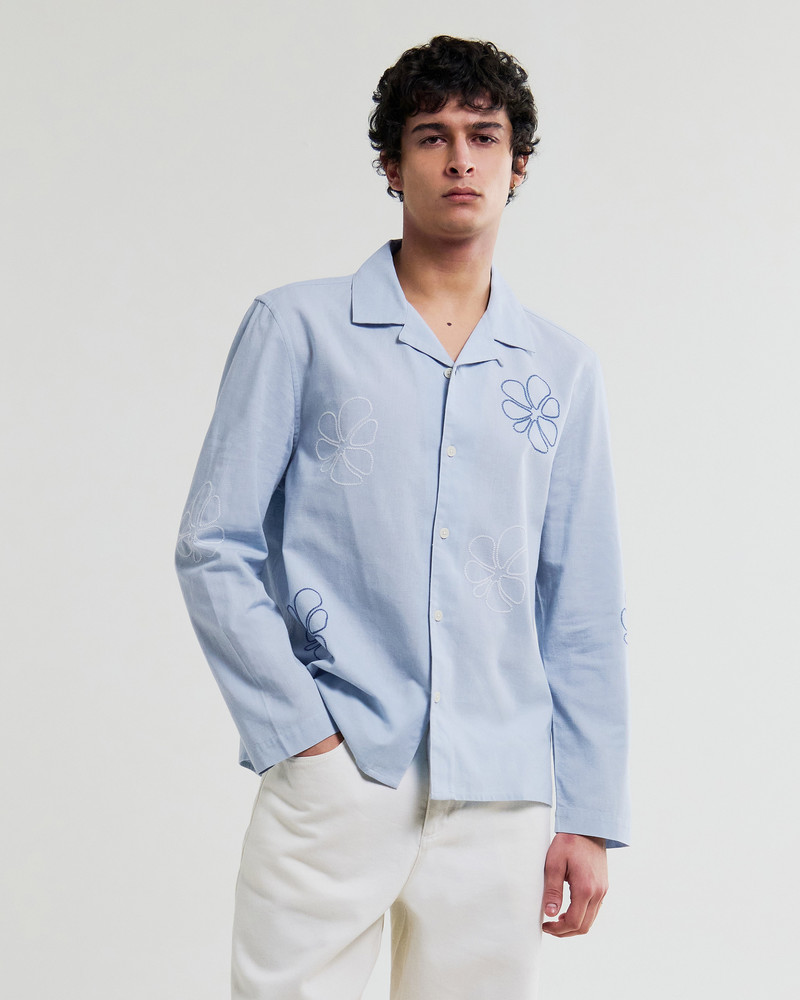 Wax London Corey - Blue Cross Stitch Doodle Cotton-Linen Shirt outlook