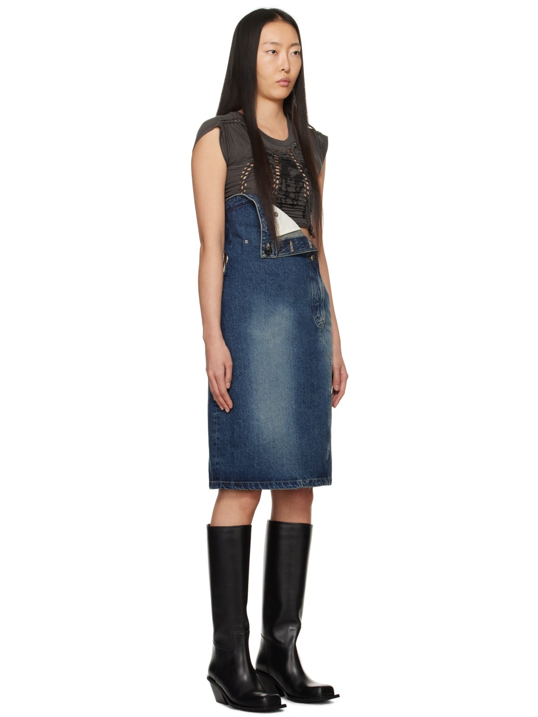 Blue Folded Denim Midi Skirt - 2