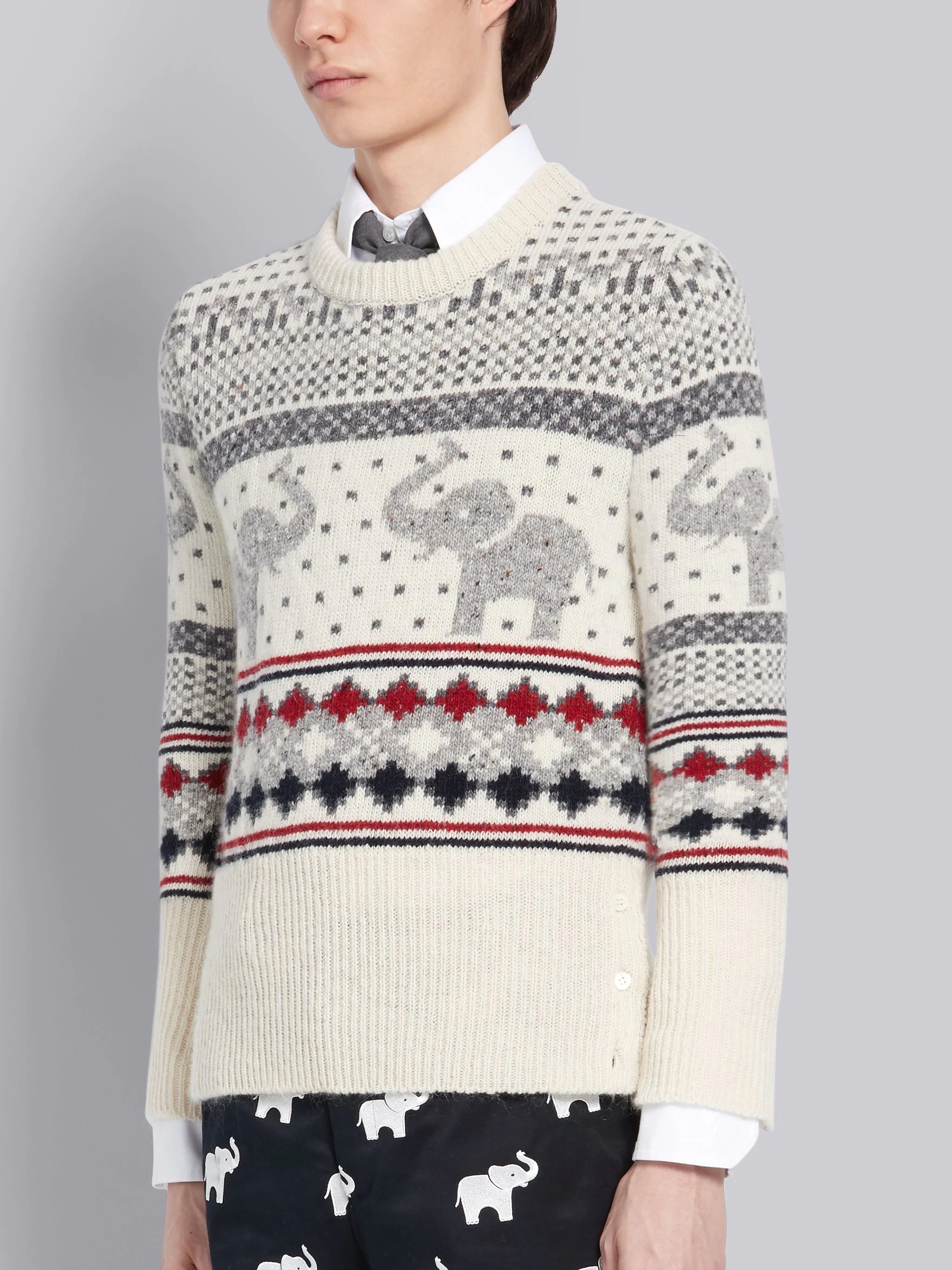 White Mohair Wool Elephant Icon Fair Isle Crewneck Pullover - 3