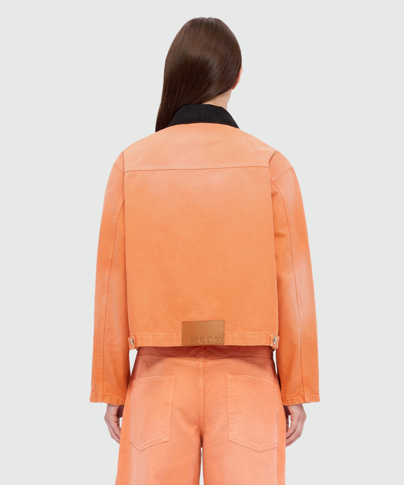 Orange cotton canvas jacket with aged-effect wash and black denim collar 3