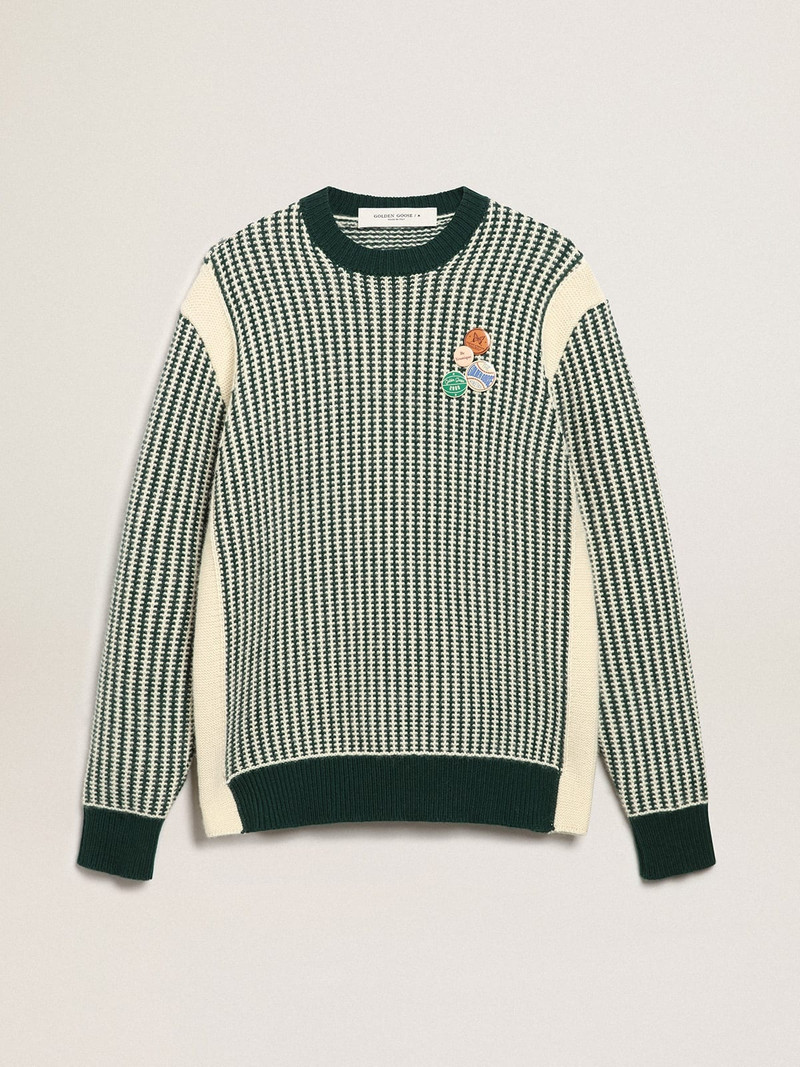Men's round-neck sweater in two-tone white and green wool 1