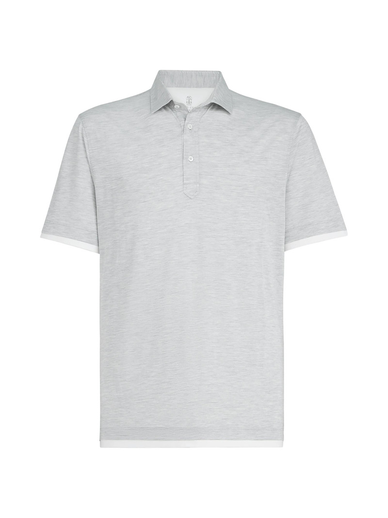 Men's Silk and Cotton Jersey Shirt Style Collar Polo with Faux Layering - Pearl Grey 1
