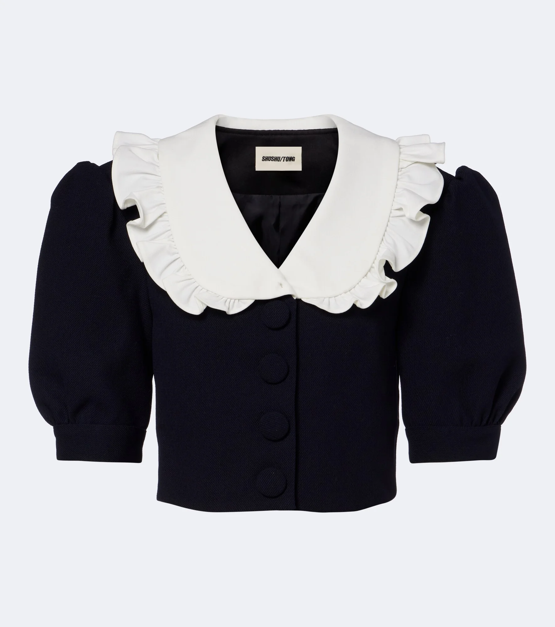 Cropped ruffled puff-sleeve wool jacket - 1