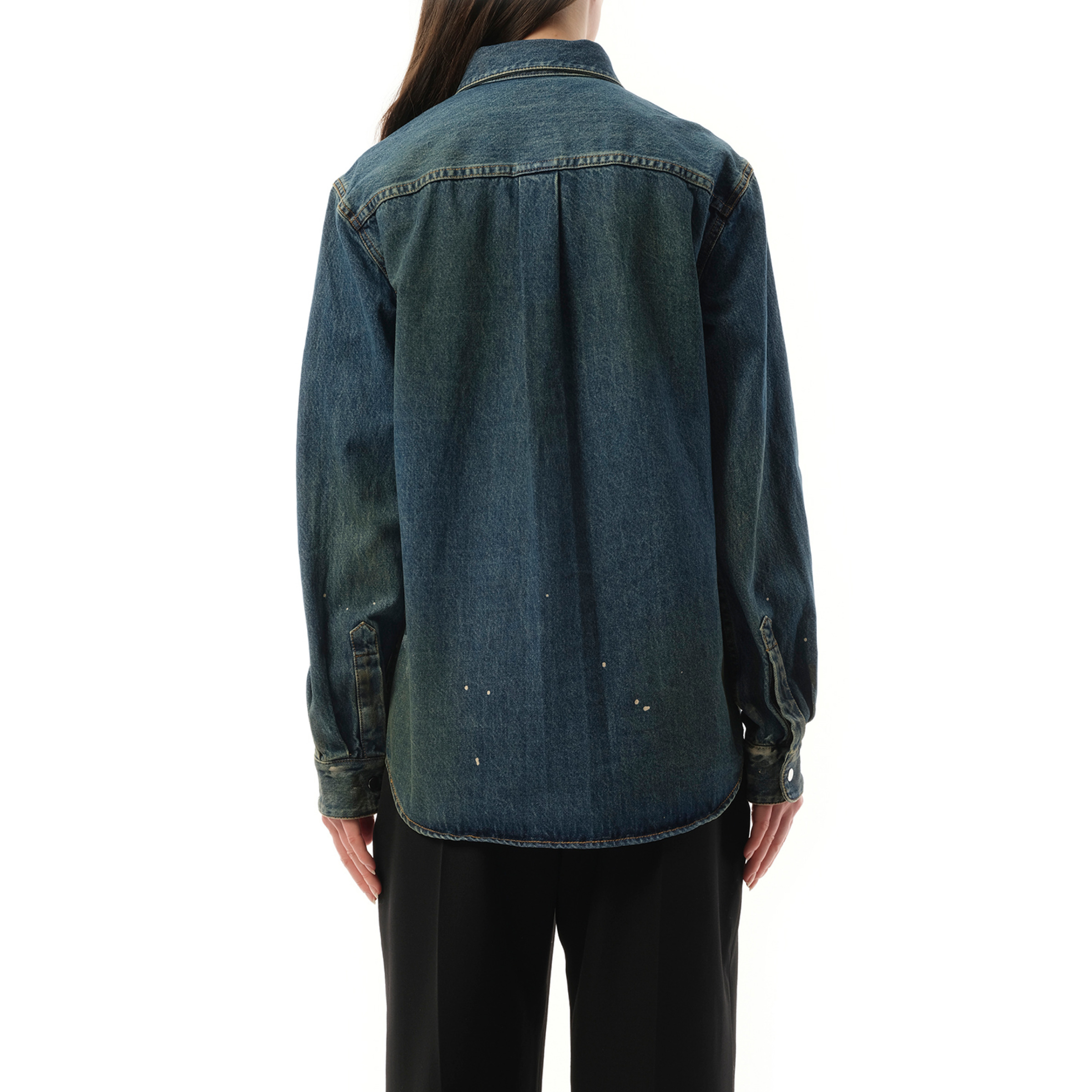 Women Painted Denim Shirt in Mid Indigo - 6