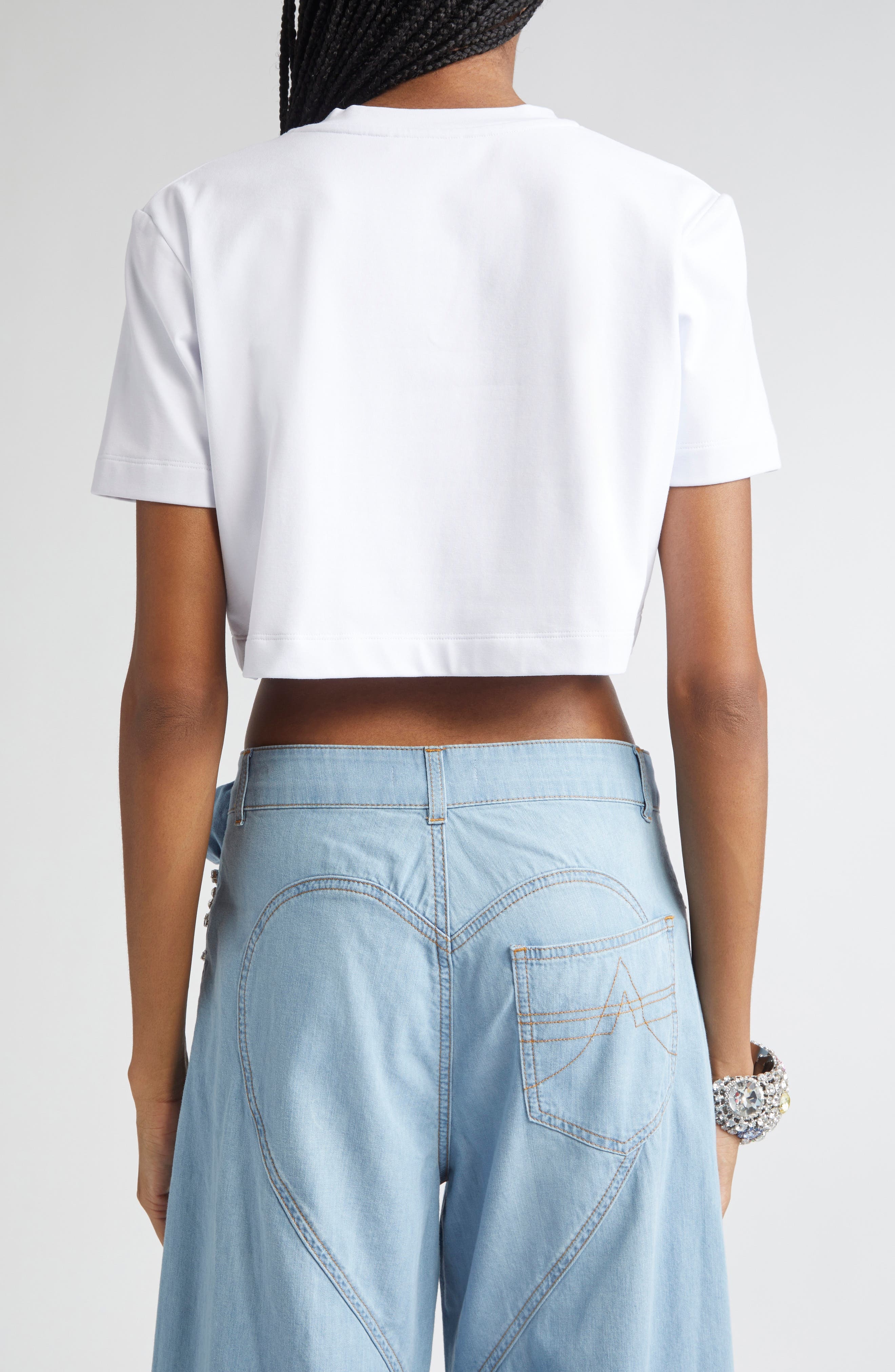 Area Crystal Rosette Crop T-Shirt in White at Nordstrom - 3