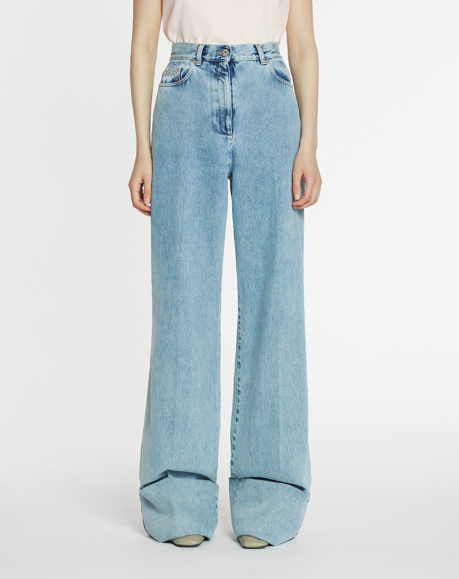 WIDE-LEG CUFFED DENIM PANTS - 3