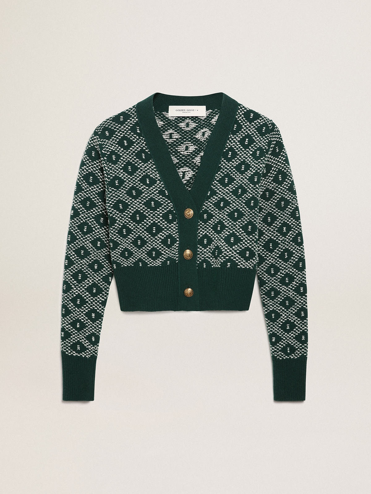 Women's cropped cardigan with green and white jacquard diamond pattern - 1