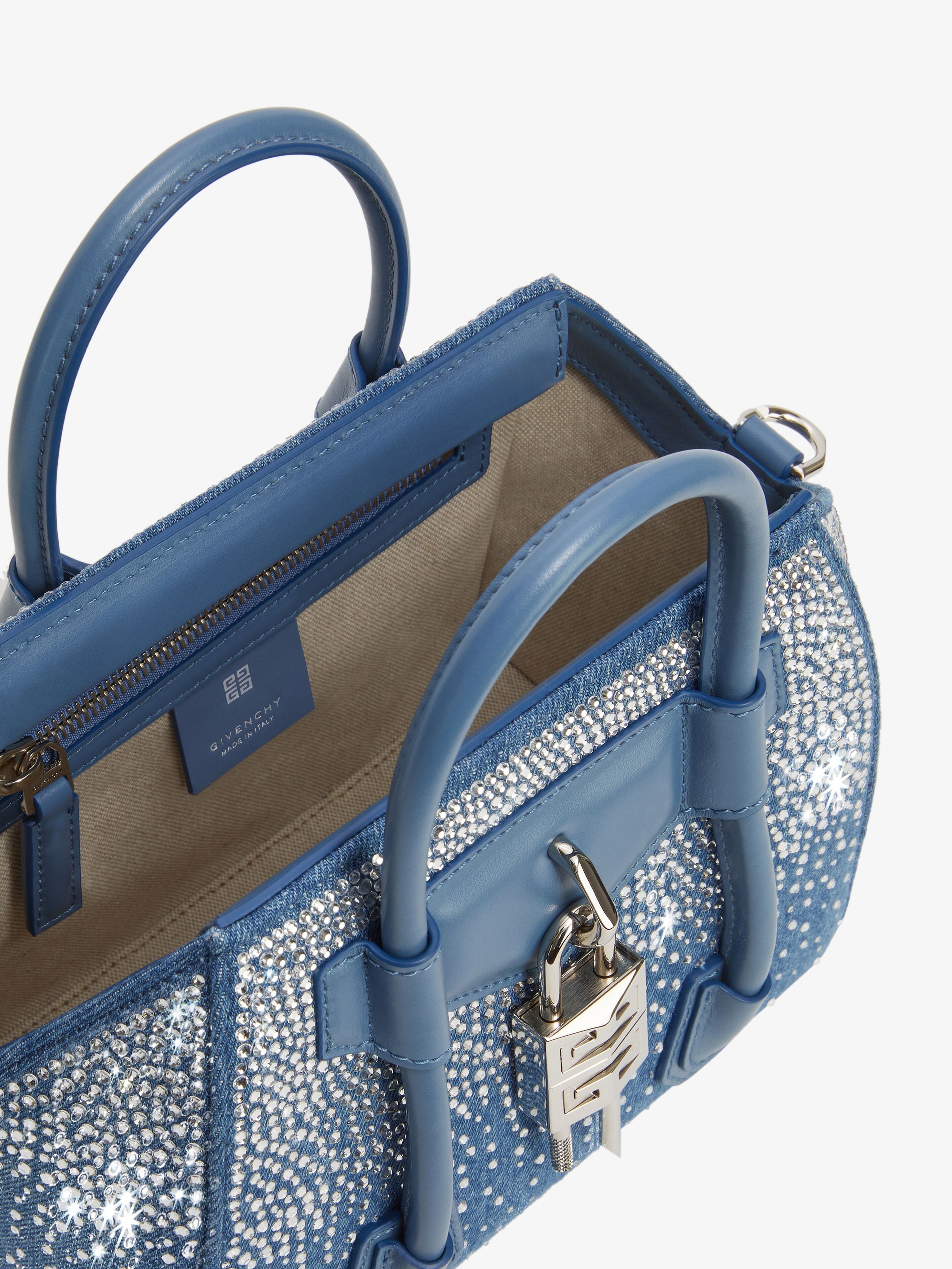 MINI ANTIGONA LOCK BAG IN DENIM WITH STRASS - 5