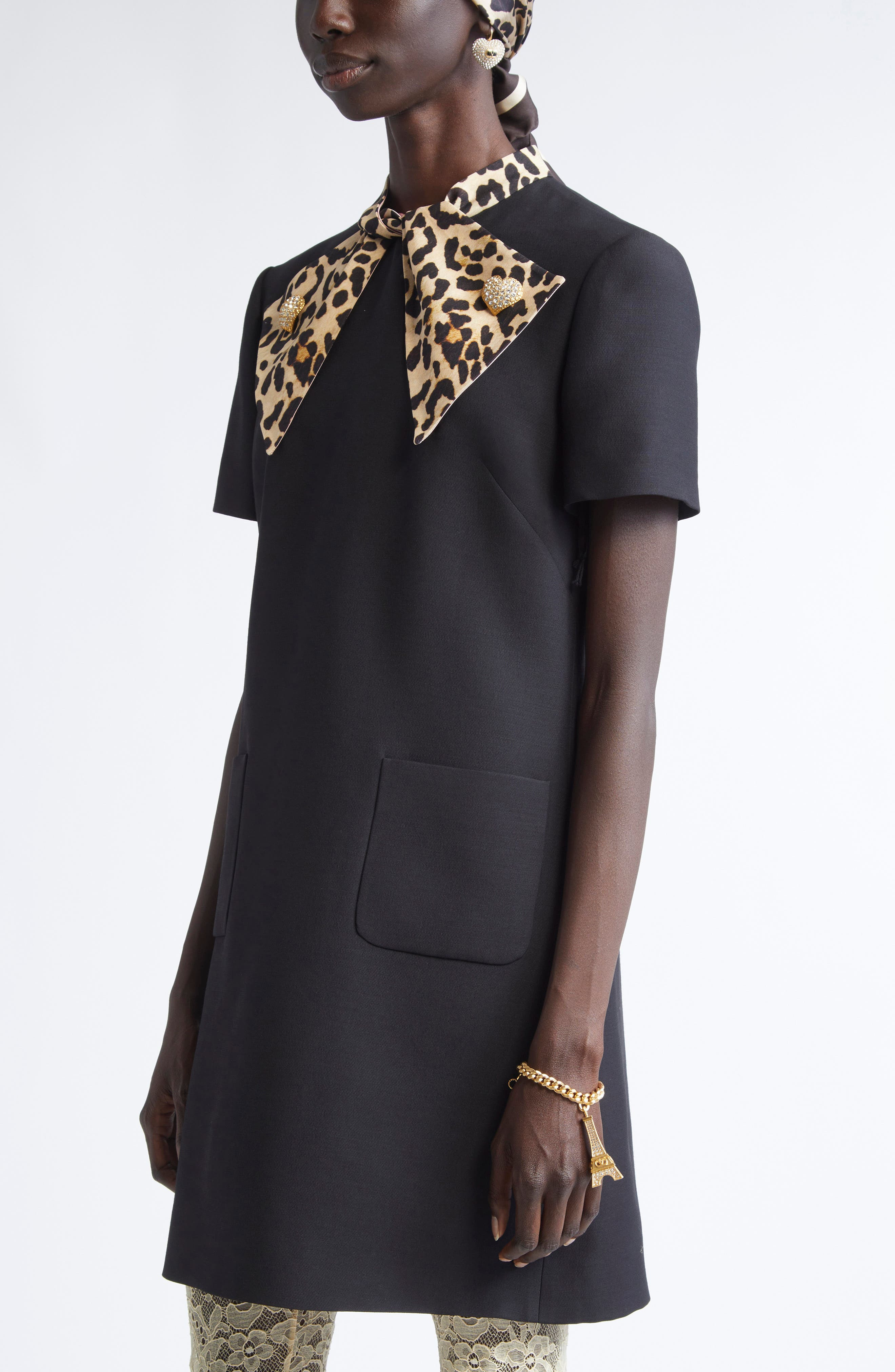 Valentino Garavani Crepe Couture Minidress with Leopard Print Scarf in Black at Nordstrom - 4