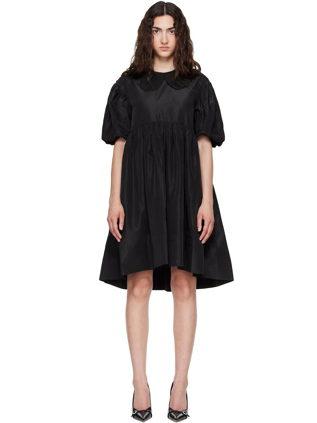 Black Puff Sleeve Petal Collar Smock Minidress - 1