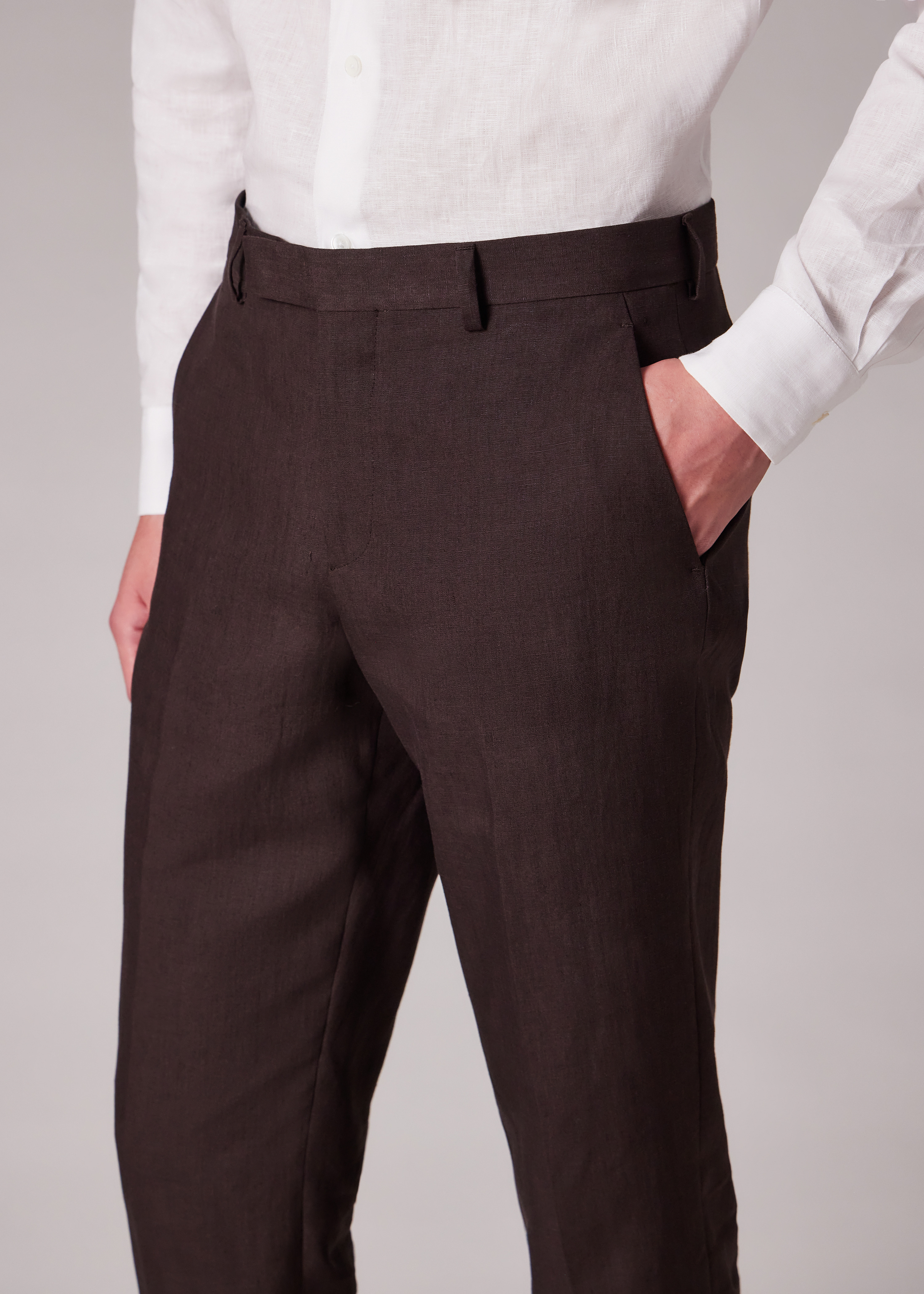 Tapered-Fit Dark Brown Linen Trousers - 6