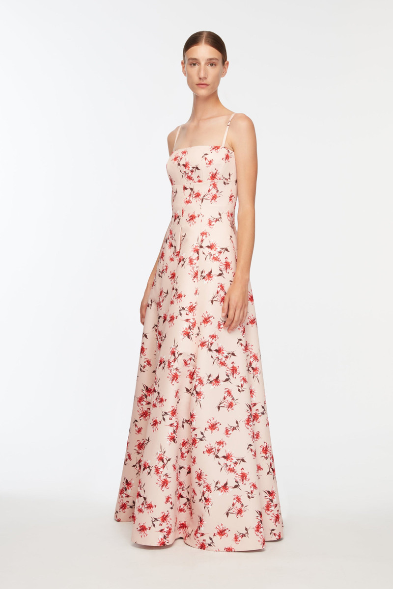 Oceana Dress in Red Summer Lillies on Pink Taffeta Faille 3