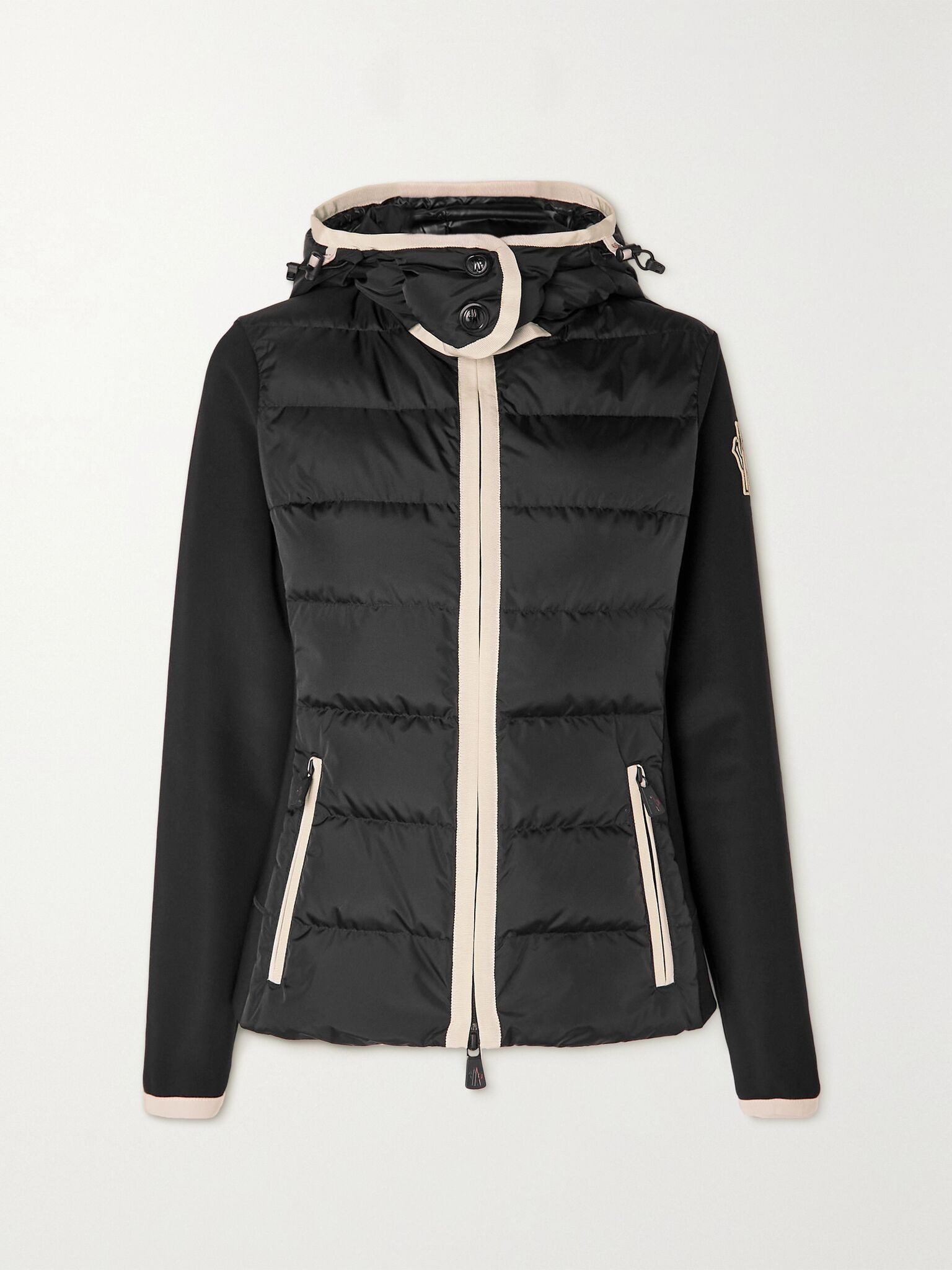 Hooded paneled twill and quilted stretch-shell down jacket Black - 1
