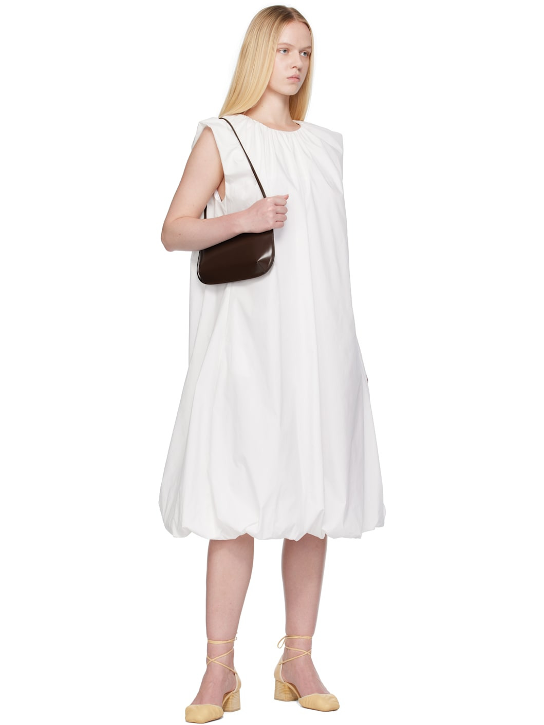 White Cotton Volume Shirring Minidress - 4
