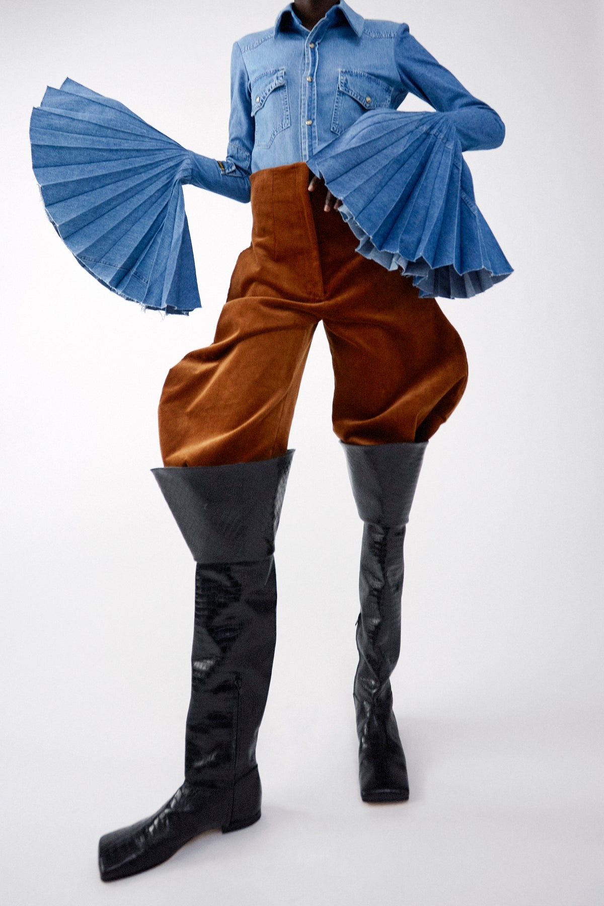 RECYCLED DENIM SHIRT WITH PLEATED BELL SLEEVES BLUE - 15