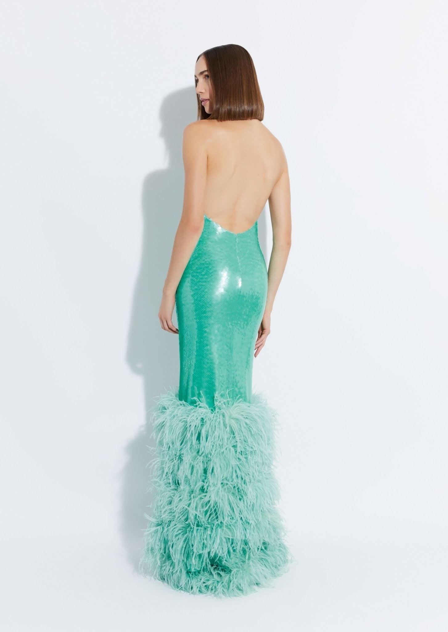Sequin Halter Open Back Gown With Feathers - 3