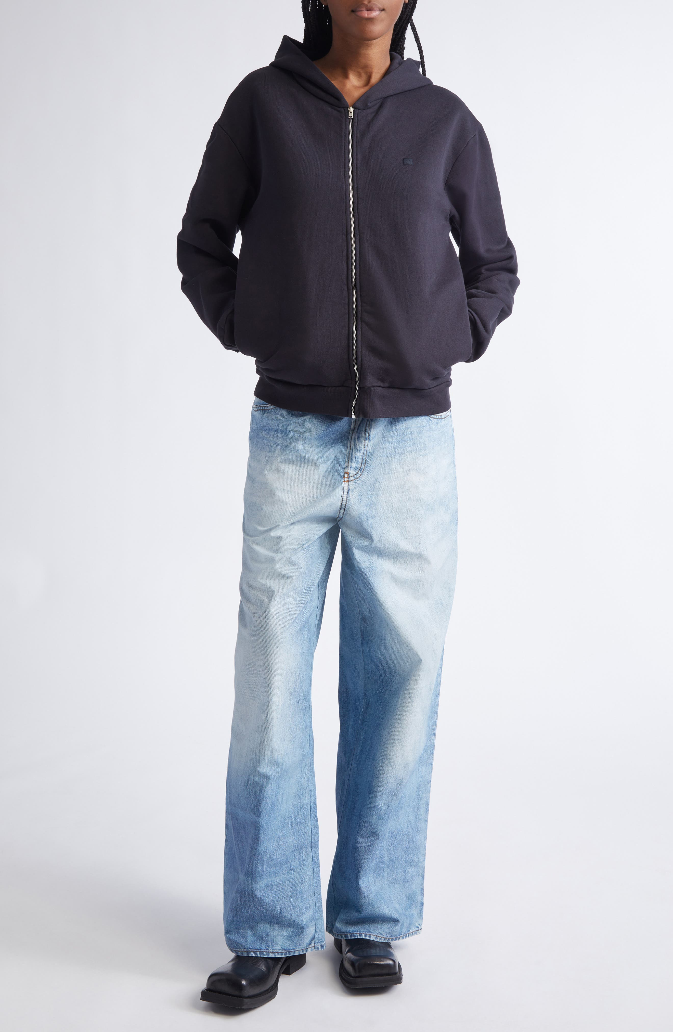 Acne Studios Fupiter Face Patch Fleece Zip Hoodie in Black at Nordstrom - 2