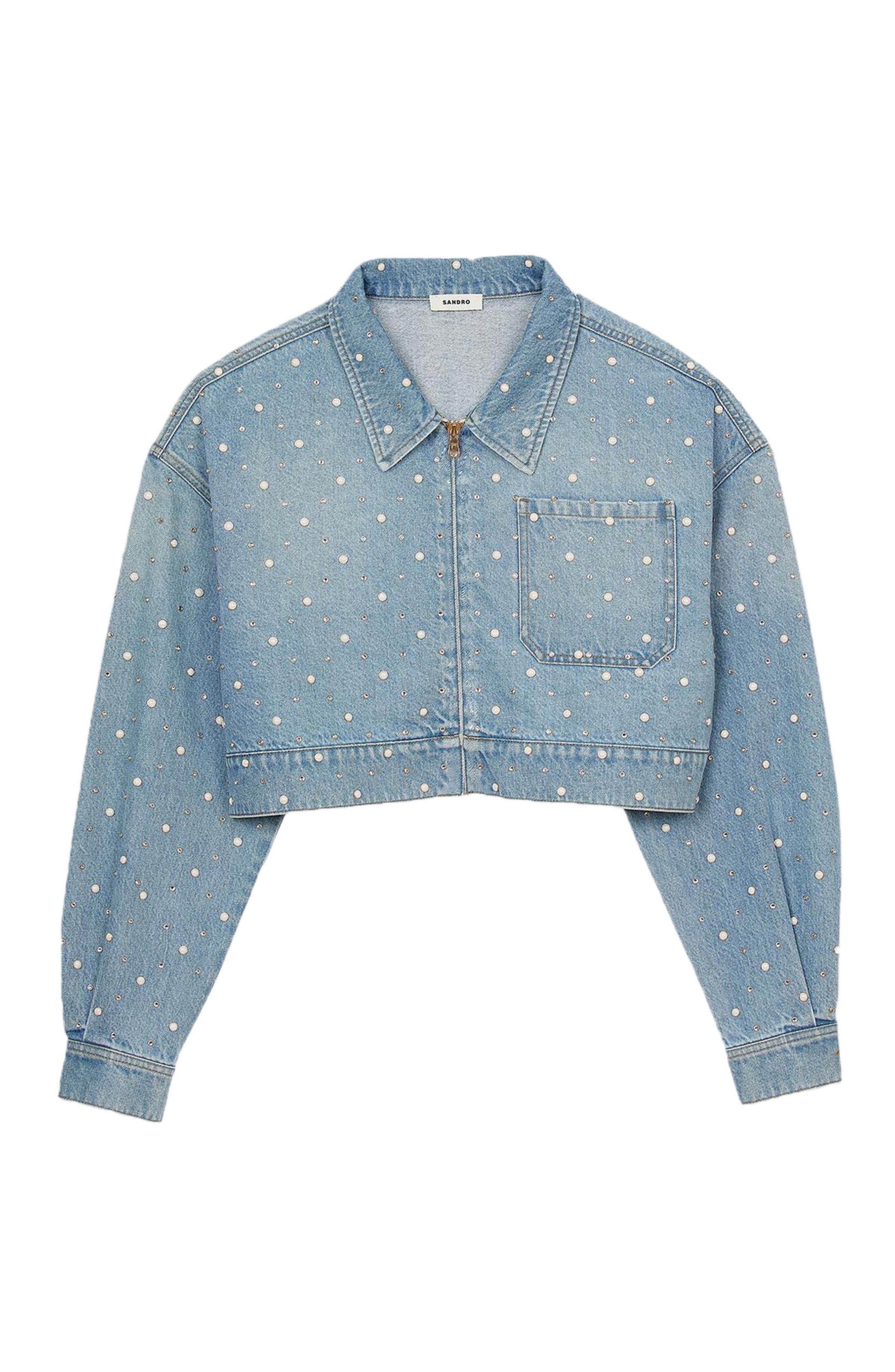 SANDRO Beaded and rhinestone denim jacket in Blue Jean at Nordstrom - 5