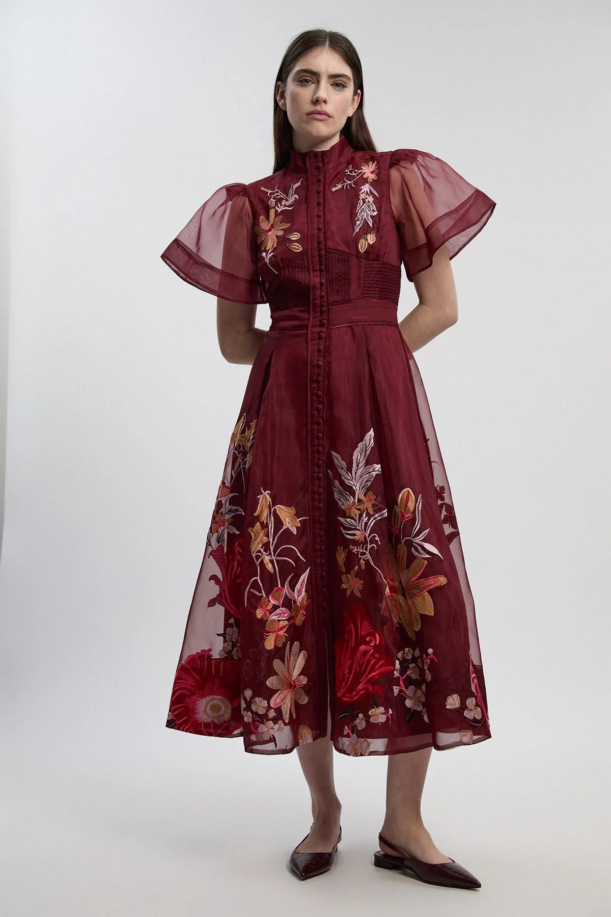 Botanical Embroidery Organdie Angel Sleeve Midi Dress - 1