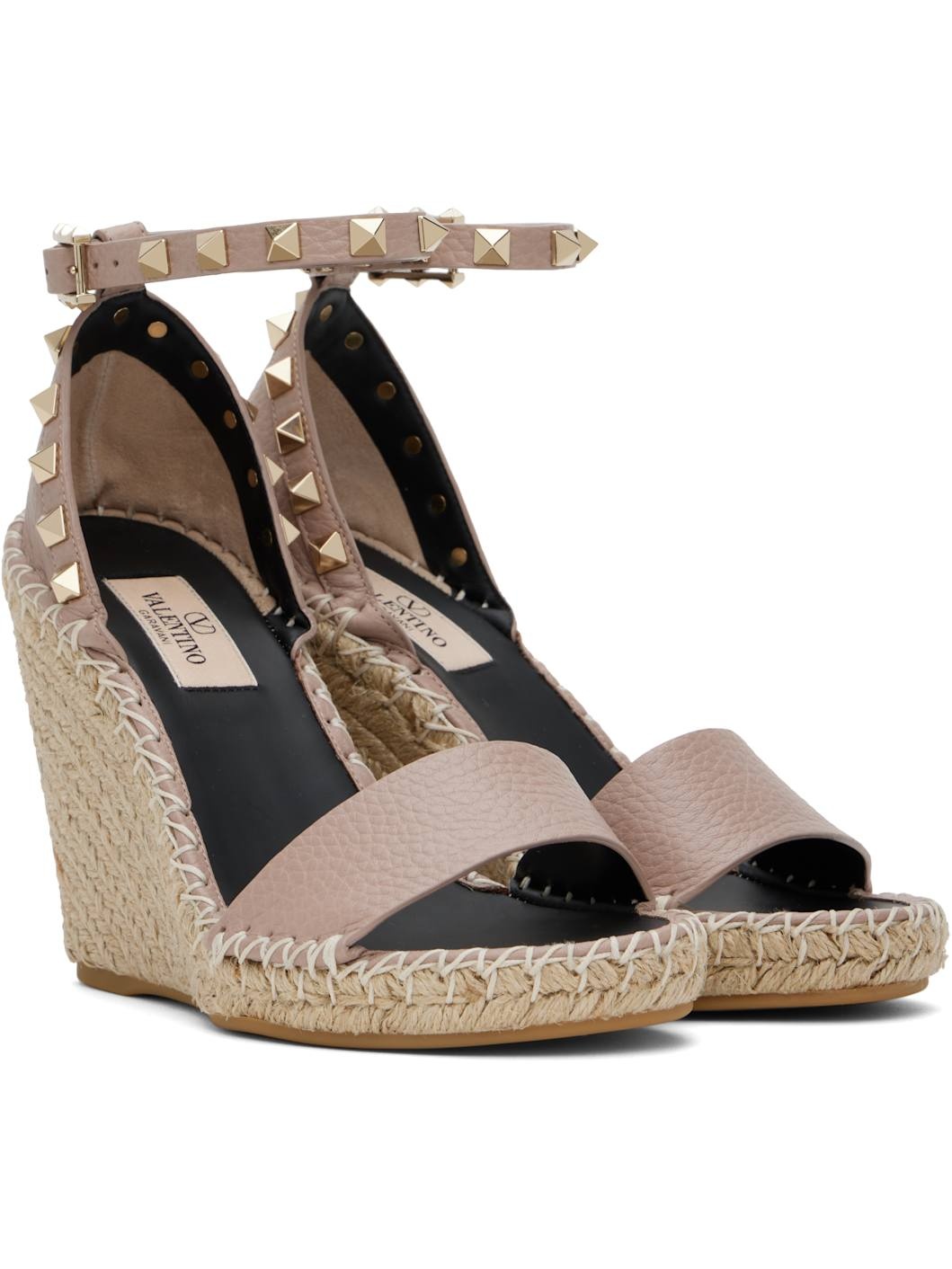 Pink Double Rockstud Grainy Calfskin Heeled Sandals - 4
