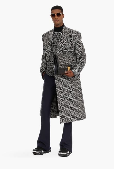Bicolor ivory and black double-breasted coat with Balmain monogram - 2