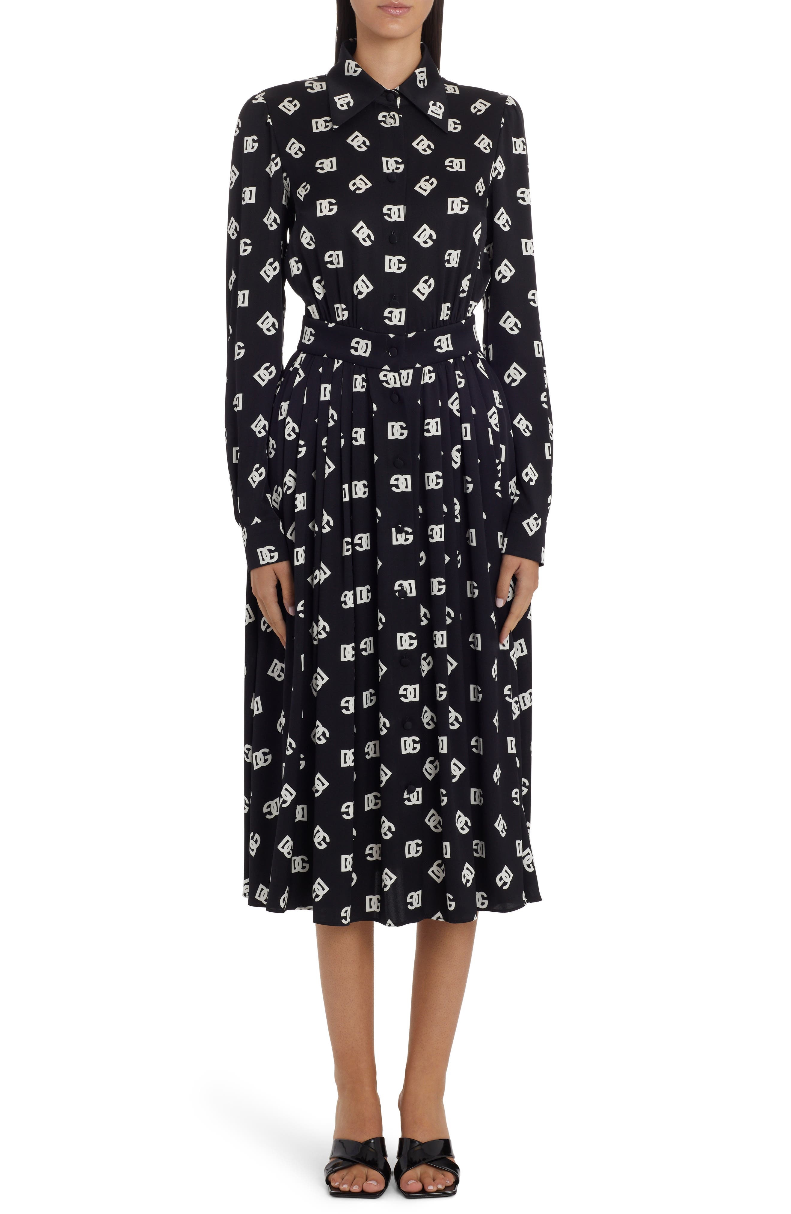 Pleated Monogram Logo Long Sleeve Stretch Silk Charmeuse Midi Dress - 6