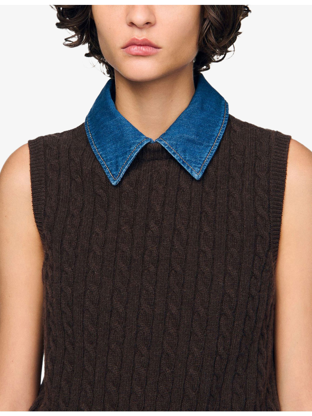 Denim-Collar Ribbed Sleeveless Wool-Blend Jumper - 5