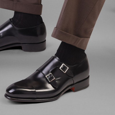 Santoni Men's polished black leather double-buckle shoe outlook