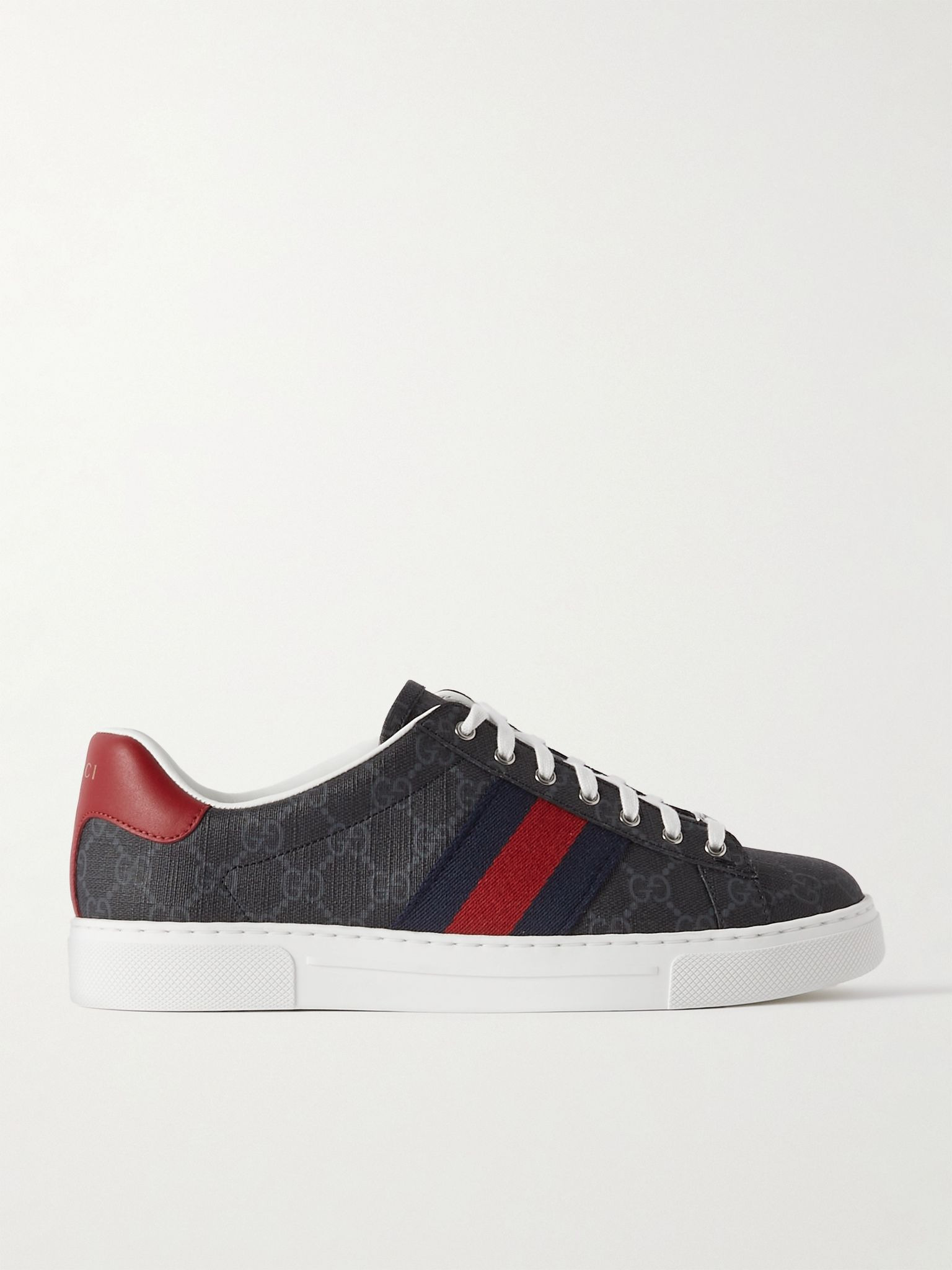 Ace Leather and Webbing-Trimmed Monogrammed Supreme Coated-Canvas Sneakers Black - 1
