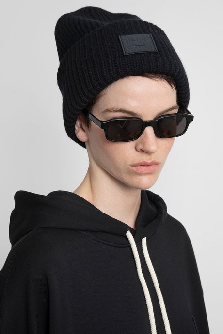 Acne studios black ribbed knit logo beanie - 4
