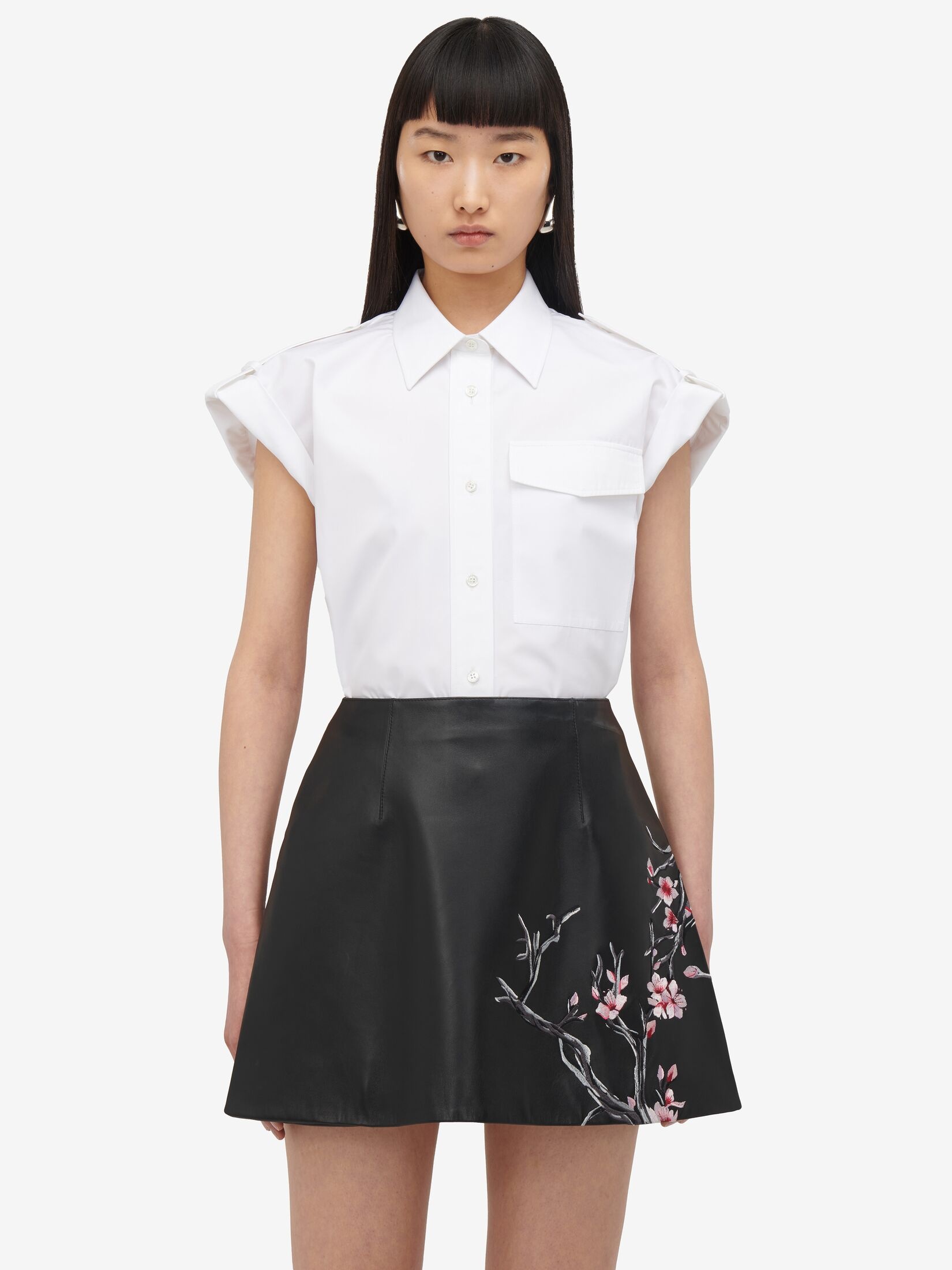 Women's Cherry Blossom Leather Mini Skirt in Black/pink/ivory - 4