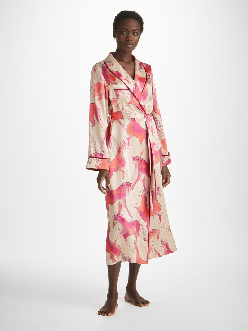 Derek Rose Women's Long Dressing Gown Brindisi 96 Silk Satin Cream outlook