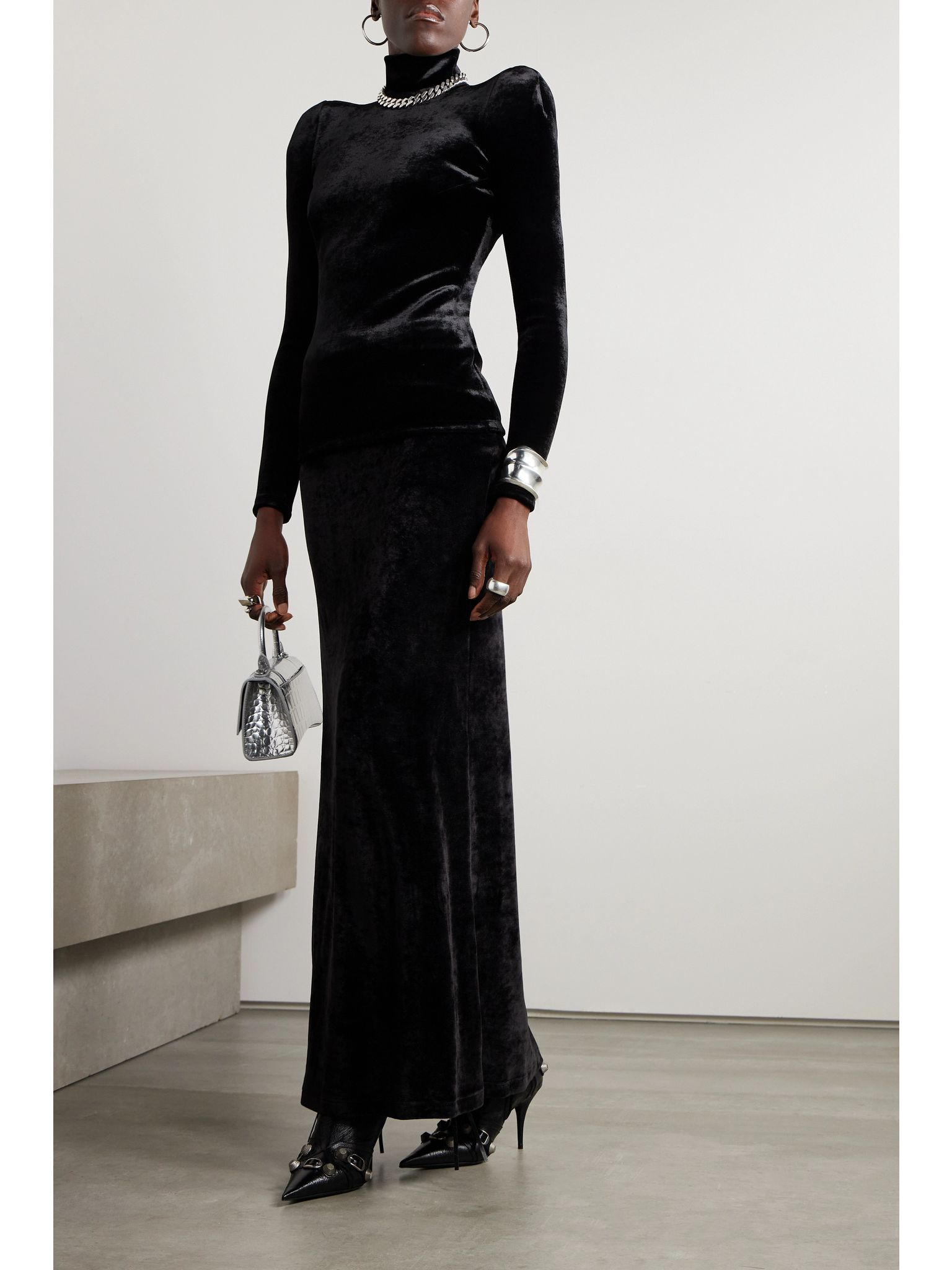 Stretch-velvet turtleneck top Black - 2