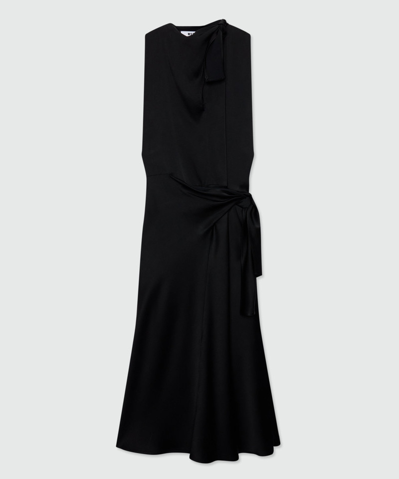 Black satin midi dress with tie belt and pareo effect 1
