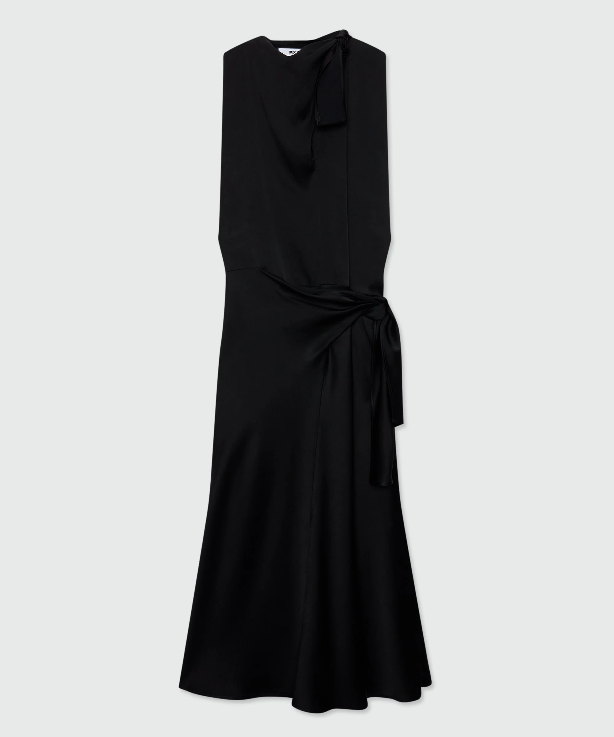 Black satin midi dress with tie belt and pareo effect - 1