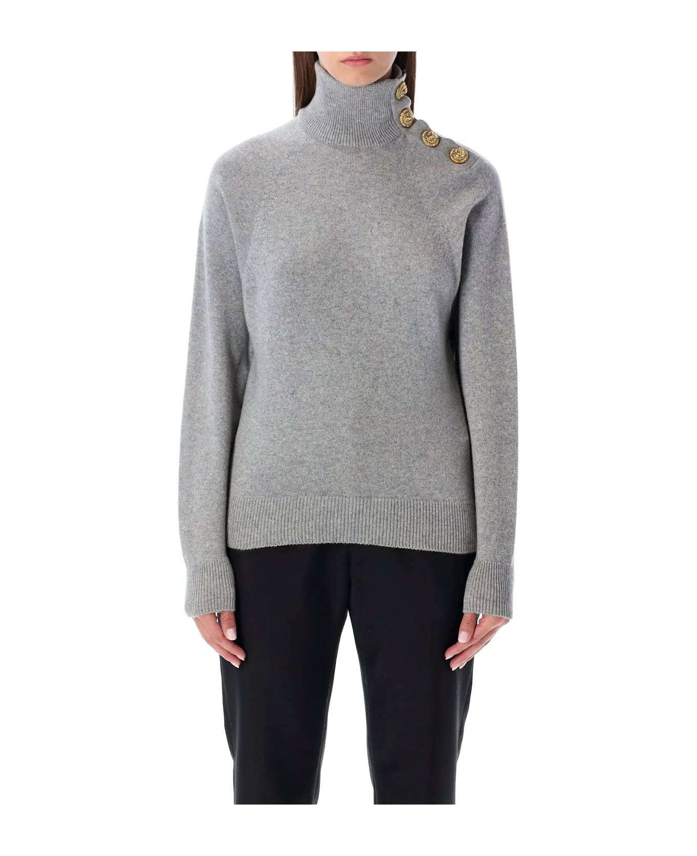 Balmain Grey High-neck Wool Sweater With Gold Buttons - 1