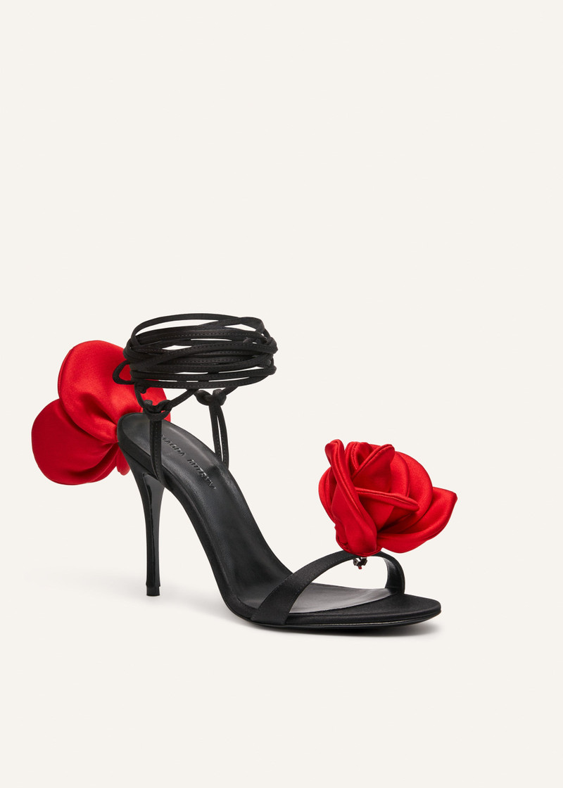 MAGDA BUTRYM Double red flower heel sandals in black satin outlook