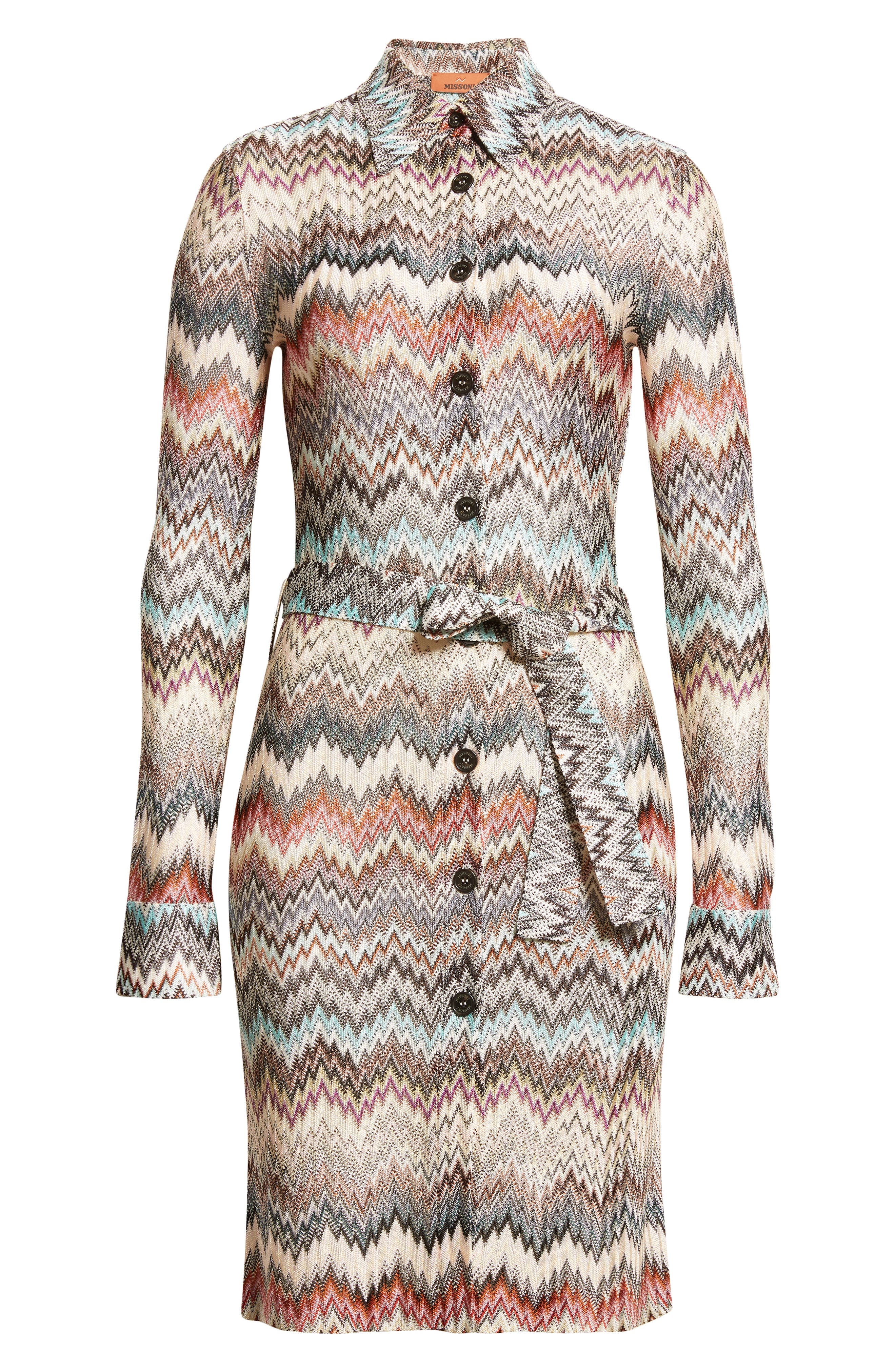Missoni Zigzag Stripe Belted Long Sleeve Knit Shirtdress in Multi Wht Blue Brown at Nordstrom - 5