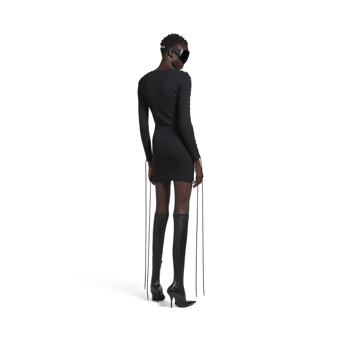 Women's Lace-up Long Sleeve Dress in Black - 4